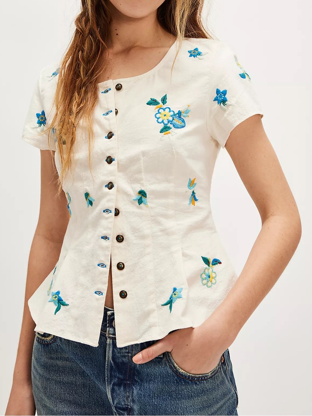 Free People Kelly Embroidered Ivory Cream Button-Front Pleated Floral Blouse